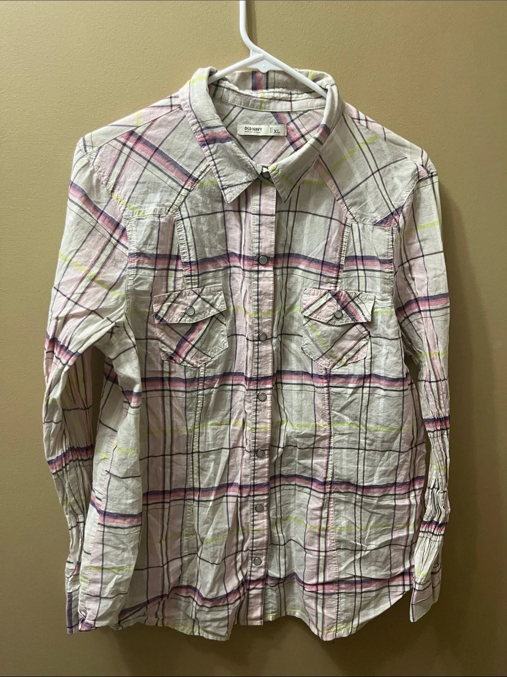 Old Navy Cream Plaid Button-Down Shirt with Pink and Yellow Stripes
